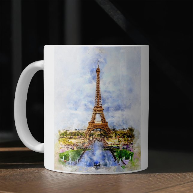 Solnedgång Eiffeltornet Paris Fransk Akvarell Kaffemugg (Sunset Eiffel Tower Paris French Watercolor. Coffee Mug)