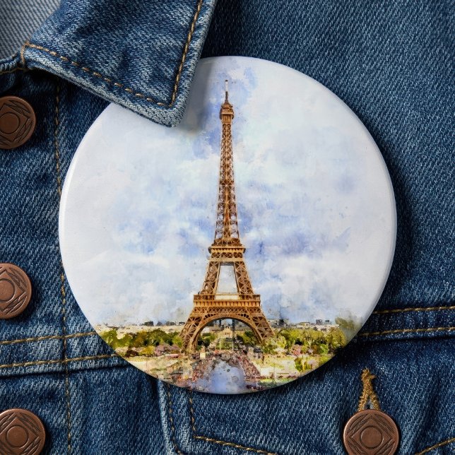 Solnedgång Eiffeltornet Paris Fransk Akvarell Knapp (Sunset Eiffel Tower Paris French Watercolor. Button)