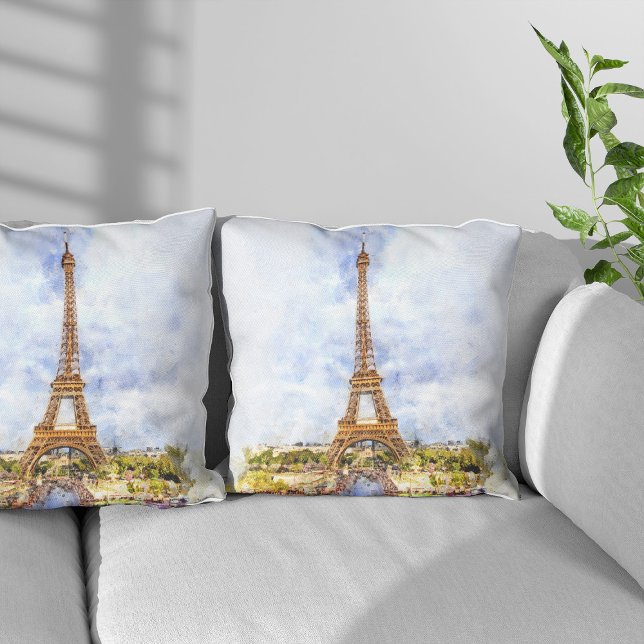 Solnedgång Eiffeltornet Paris Fransk Akvarell Kudde (Sunset Eiffel Tower Paris French Watercolor. Throw Pillow)
