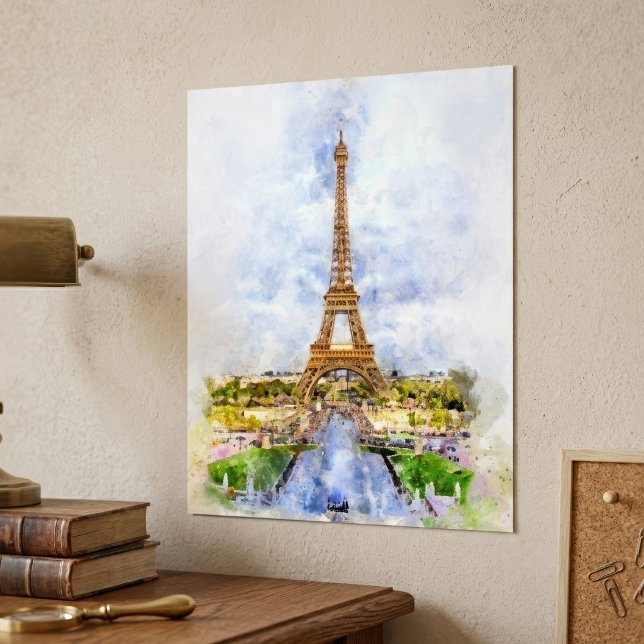 Solnedgång Eiffeltornet Paris Fransk Akvarell Poster (Sunset Eiffel Tower Paris French Watercolor. Poster)