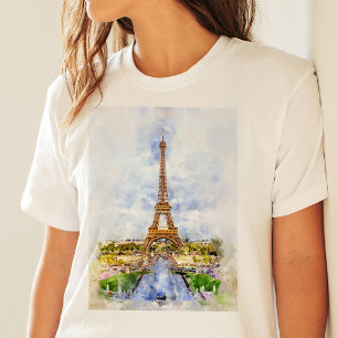 Solnedgång Eiffeltornet Paris Fransk Akvarell T Shirt