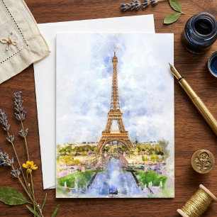 Solnedgång Eiffeltornet Paris Fransk Akvarell Tack Kort