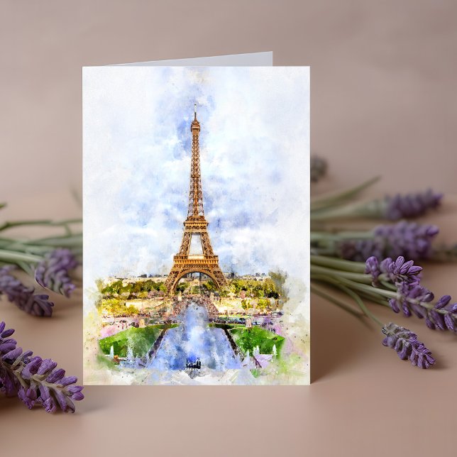 Solnedgång Eiffeltornet Paris Fransk Akvarell Tack Kort (Sunset Eiffel Tower Paris French Watercolor. Thank You Card)