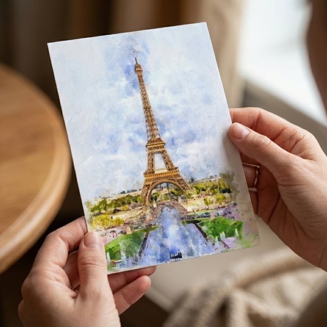 Solnedgång Eiffeltornet Paris Fransk Akvarell Vykort (Sunset Eiffel Tower Paris French Watercolor. Postcard )