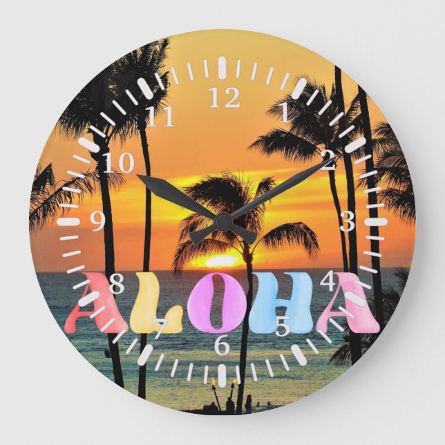 Solnedgång för Hawaii Tropical Ocean Handflatan Tr Stor Klocka (Framsida)