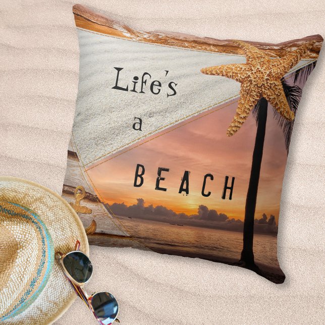 Solnedgång för nautisk persiennbåge kudde (Scrapbook style pillow featuring different beach scenes with sand, sunset, starfish and surf)