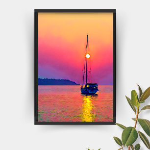 Solnedgång för segelbåt på havet poster
