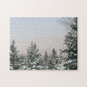 Solnedgång för Snö täckt av Gräs Träd Måne Pussel