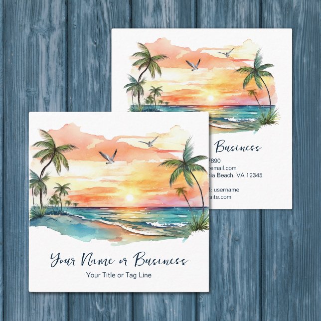Solnedgång för tropisk Handflatan-Träd Fyrkantigt Visitkort (Watercolor Tropical Palm Tree Beach Sunset Square Business Card)