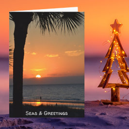 Solnedgång Handflatan Träd Silhouette Beach Scene Helgkort