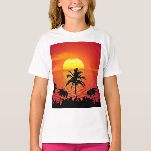 Solnedgång Handflatan Träd Silhouettes Illustratio T Shirt (Framsida)