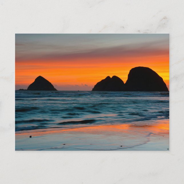 Solnedgång, Havsstaplar, Oceanside, Oregon, USA Vykort (Framsida)