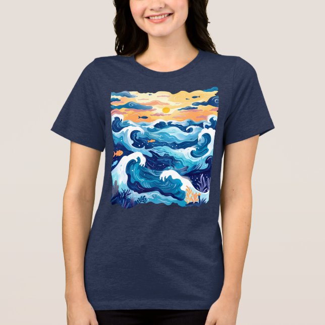 Solnedgång Havsvågor T-Shirt – Konstnärligt Hav oc (Framsida)