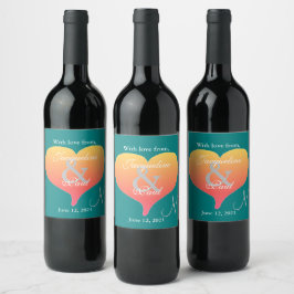 Solnedgång Heart Teal Grönt Bröllop Monogram-etike Vinflaska Etikett