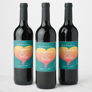 Solnedgång Heart Teal Grönt Bröllop Monogram-etike Vinflaska Etikett