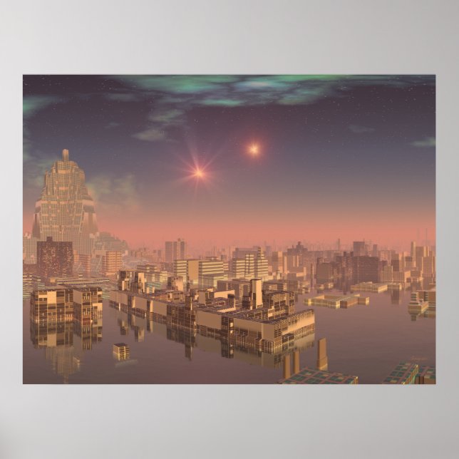 Solnedgång i Alien Vatten City 1-utskrift Poster (Framsidan)