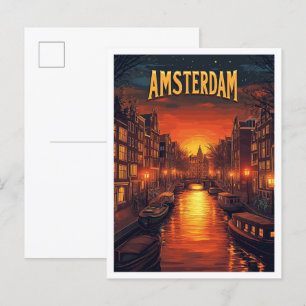 Solnedgång i Amsterdam Nederländerna Vintage resor Vykort