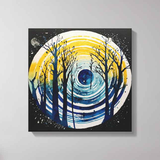 Solnedgång i blå gult Skog Vattenfärgsmuren konst Canvastryck (Framsida)