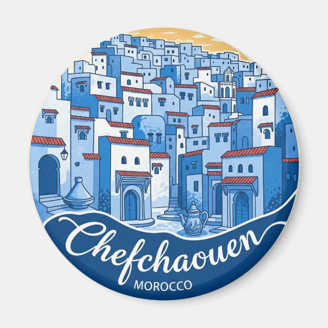 Solnedgång i Chefchaouen Marocko Travel Magnet (Framsidan)