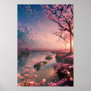 Solnedgång i Cherry Blommar Sjö Poster