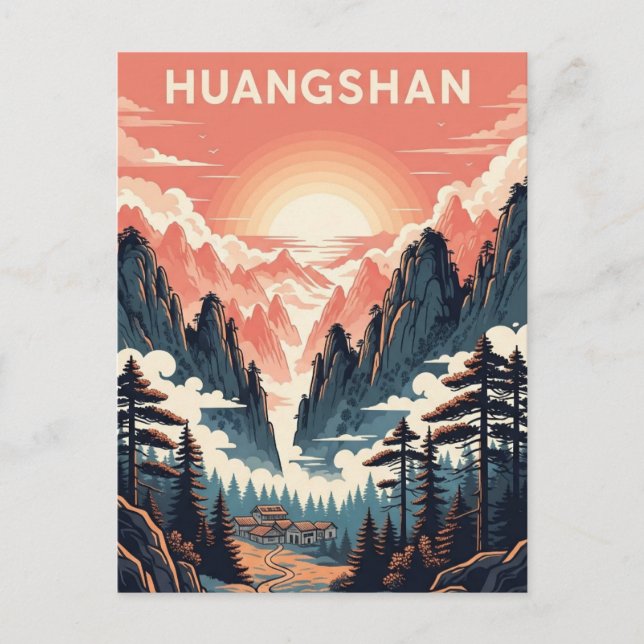 Solnedgång i Chinan i nationalparken Huangshan Vykort (Framsida)