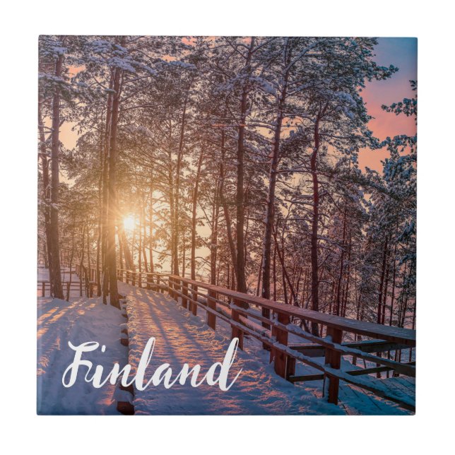 Solnedgång i gräs-snöskog med sol-stråle kakelplatta (Framsidan)