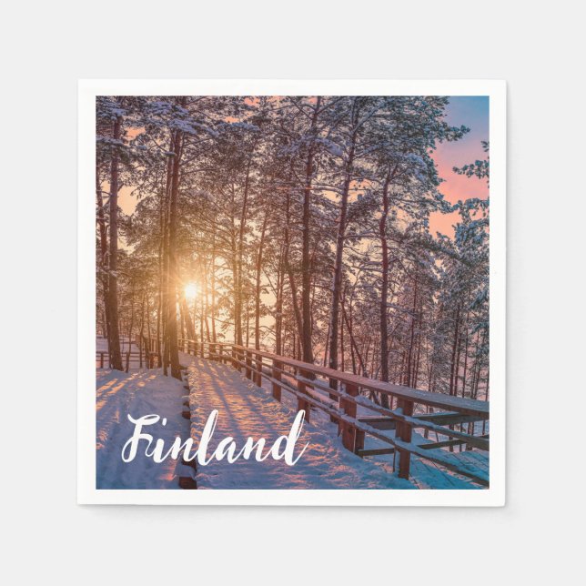 Solnedgång i gräs-snöskog med sol-stråle pappersservett (Framsidan)