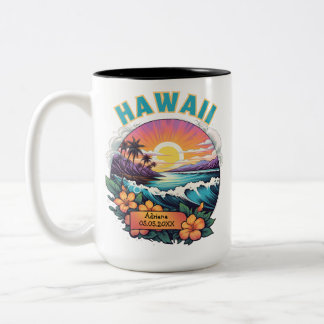 Solnedgång i Hawaii Beach-bergen Tropical Plumeria Två-Tonad Mugg
