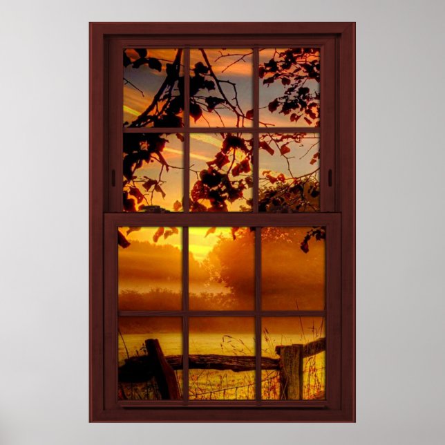 Solnedgång i hösten Faux Cherry Wood Window Poster (Framsidan)