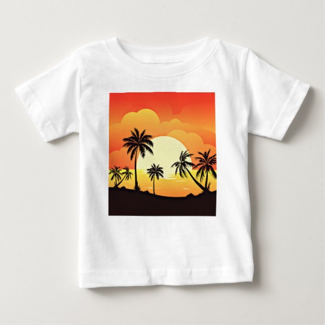 Solnedgång i landskapet med Handflatan Träd T Shirt (Framsida)