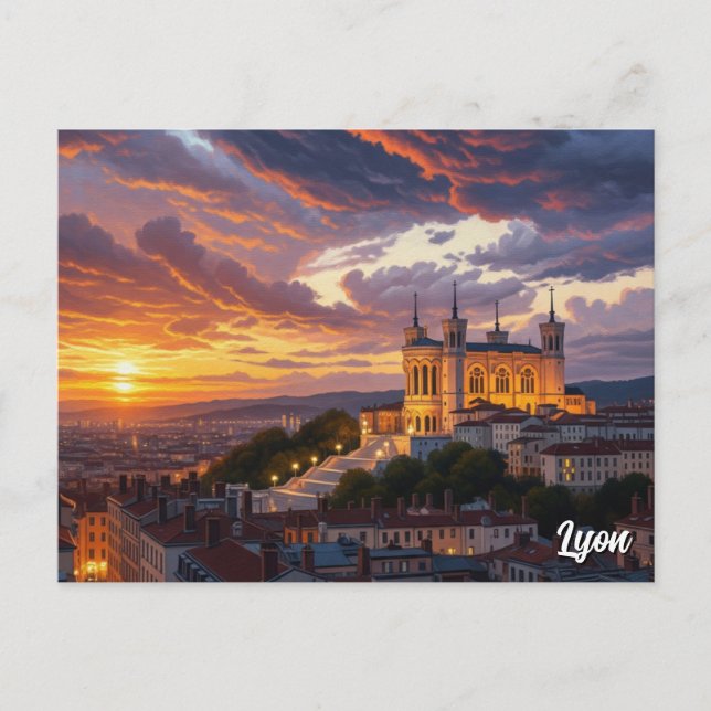 Solnedgång i Lyon Frankrike Basilica Travel Vykort (Framsida)