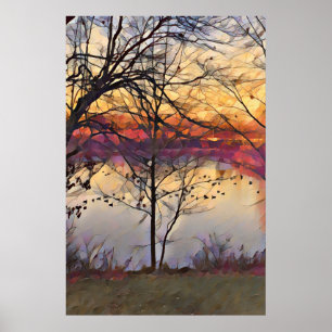 Solnedgång i Pond Oljemålning Art Poster