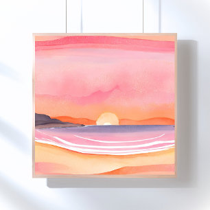 Solnedgång i rosa Vattenfärg-målning av strandhi Poster
