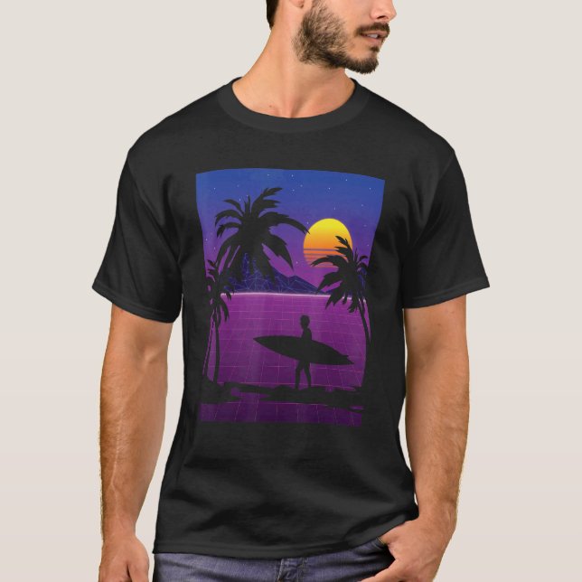 Solnedgång i solnedgång för Surfer-synthwave i han T Shirt (Framsida)