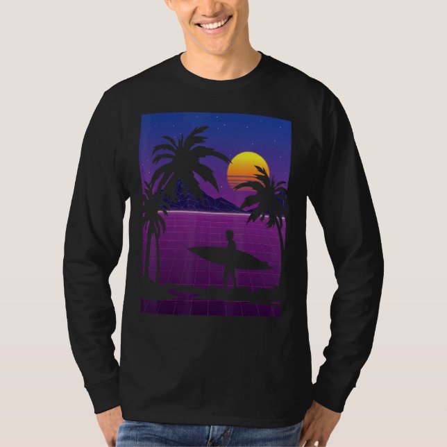 Solnedgång i solnedgång för Surfer-synthwave i han T Shirt (Framsida)