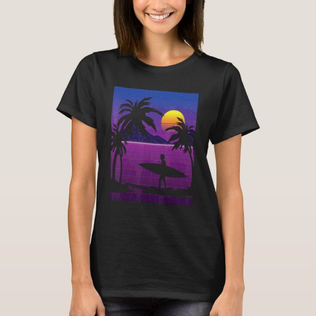 Solnedgång i solnedgång för Surfer-synthwave i han T Shirt (Framsida)
