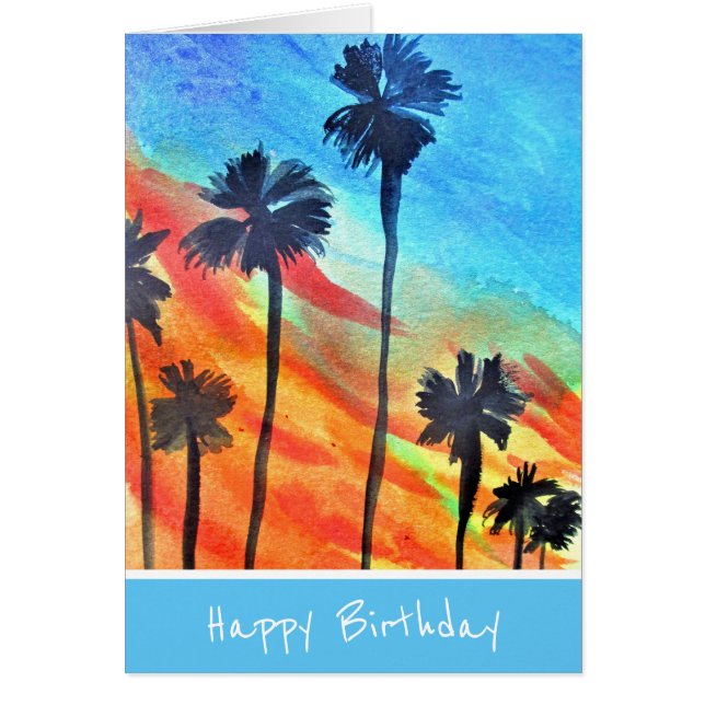 Solnedgång i stranden Handflatan träd surfa konst Hälsningskort (Framsidan)