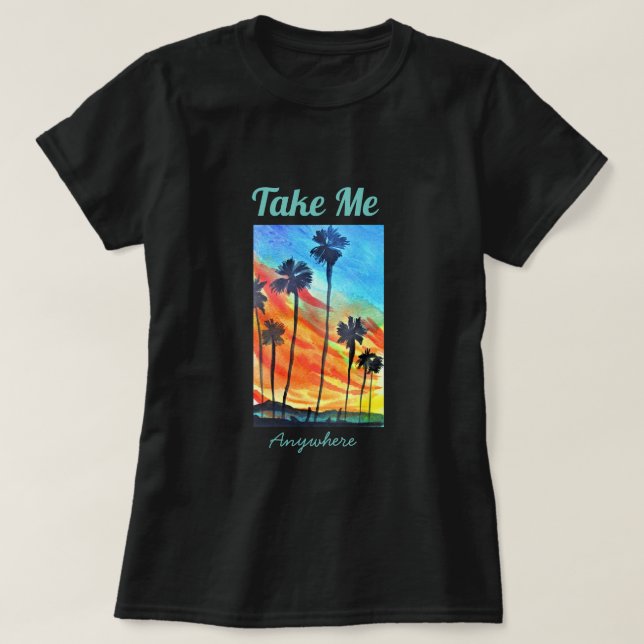 Solnedgång i stranden Handflatan träd surfa konst T Shirt (Design framsida)