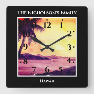Solnedgång i Tropikernor Svart vattenfärg Fyrkantig Klocka