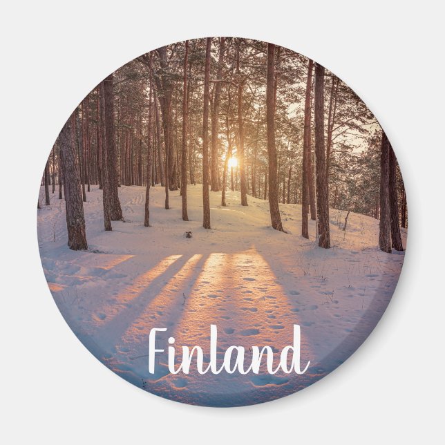 Solnedgång i vinterskogen i gräs magnet (Framsidan)