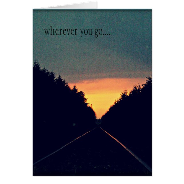 Solnedgång, järnvägsspår, träd, multifunktionskort hälsningskort (Framsidan)