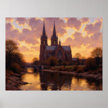 Solnedgång Kathedral Flod Impressionistisk Oljemål