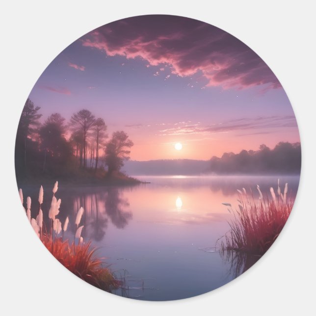 Solnedgång Lila Sjö liggande tre Runt Klistermärke (Framsida)