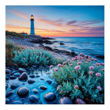 Solnedgång med brantblommor och utjämnade stenar