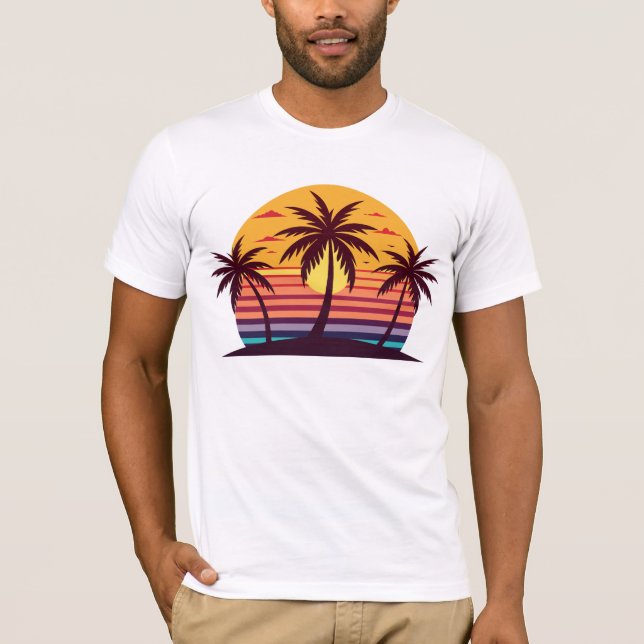 Solnedgång med Handflatan Träd Vector-98801 T Shirt (Framsida)