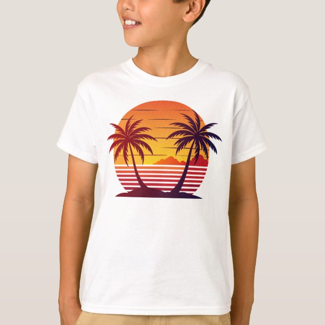 Solnedgång Med Palmträd Vektor  T Shirt (Framsida)