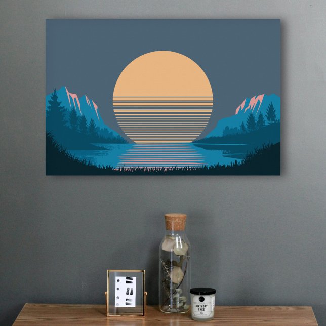 Solnedgång mellan bergen och Sjö Poster (Sunset between Mountains and Lake Poster)