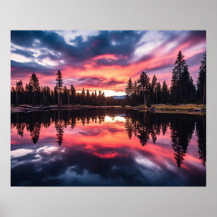 Solnedgång mellan Sjö och Träd Poster