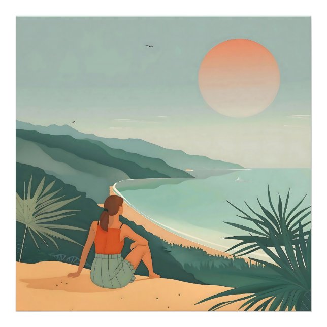 Solnedgång - Minimalistisk utskrift av kustvy Fototryck (Framsidan)