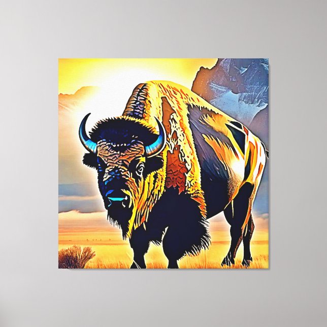 Solnedgång Mountain Bison Art Design Canvastryck (Framsida)